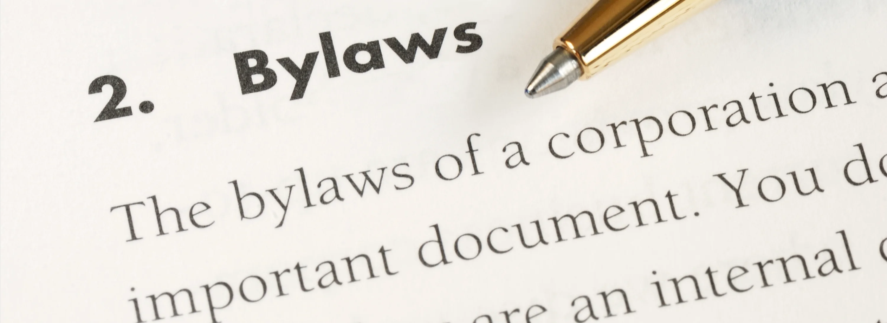 A page of corporate bylaws with a pen