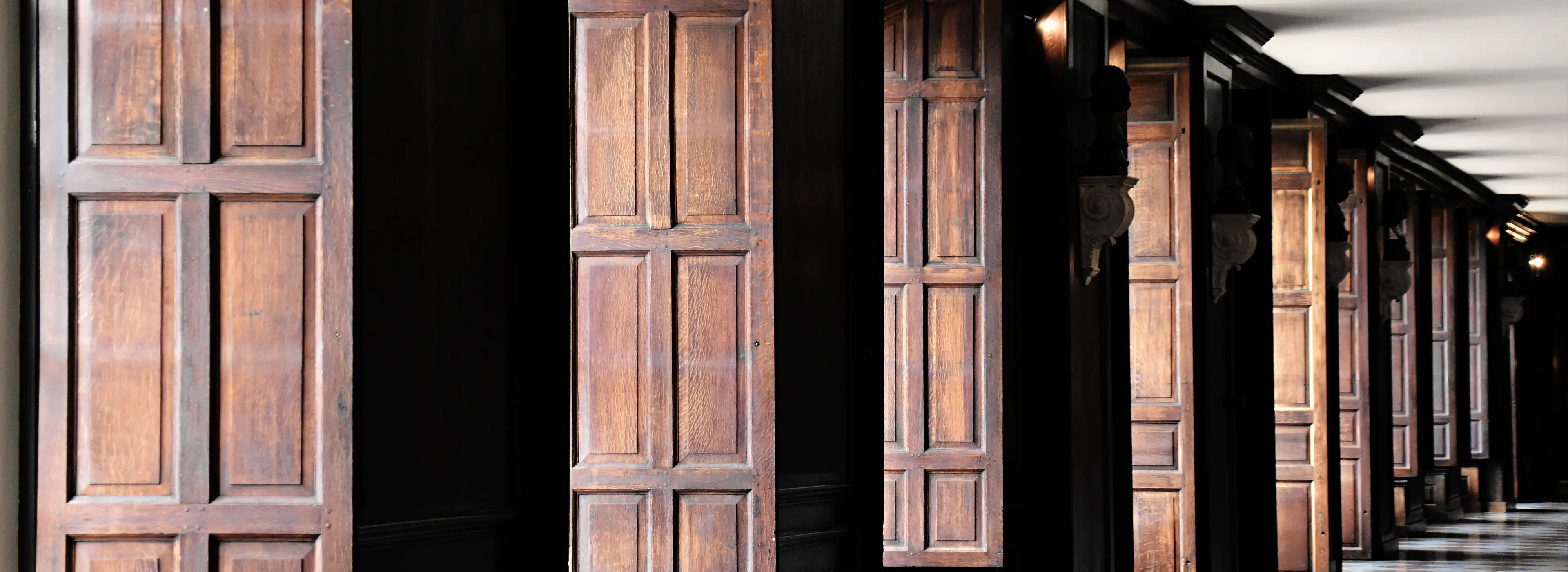 A corridor of dark wood panelled doors receding into shadow