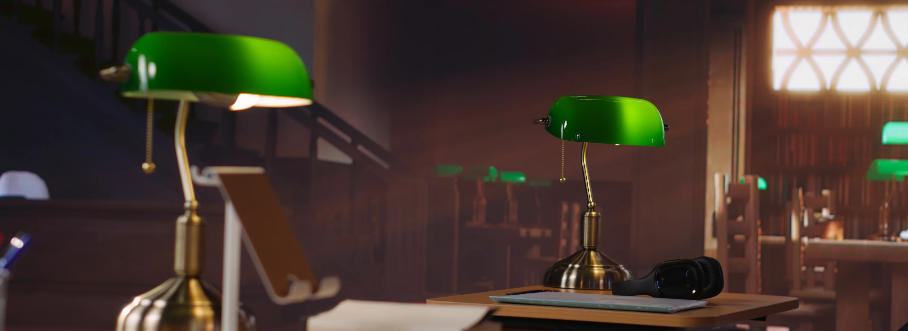 Green glass banker lamps lit on wooden desks in a dim reading room