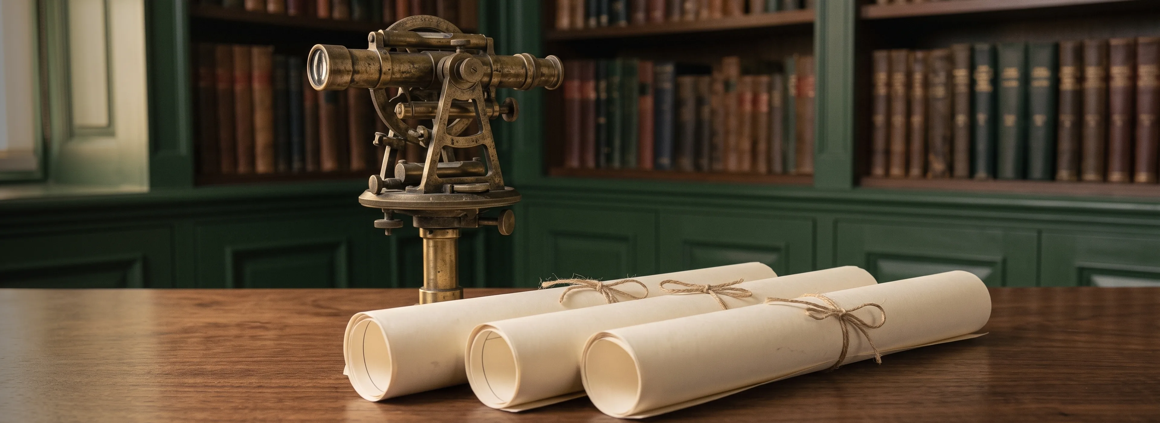 An antique brass surveyor's transit beside three rolled architectural drawings tied with twine on a walnut desk, library shelves behind