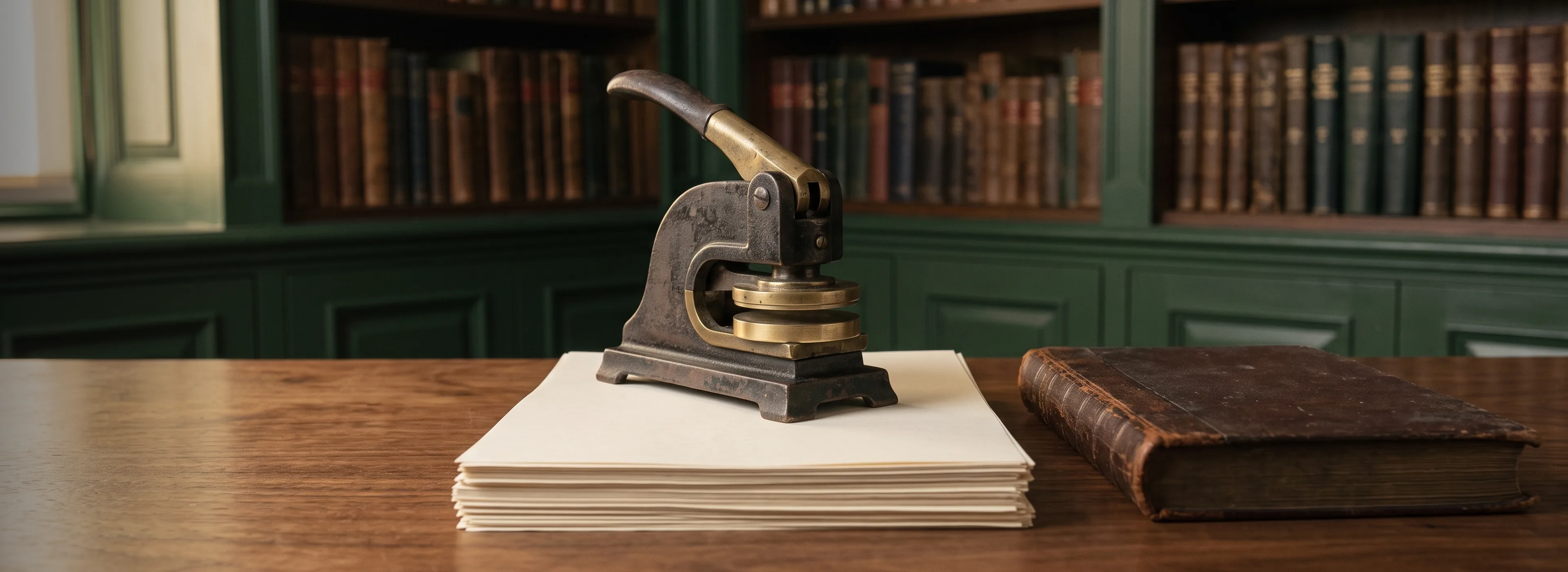 An antique cast-iron and brass corporate seal embosser on a stack of blank cream paper, a worn leather-bound book beside it, library shelves behind