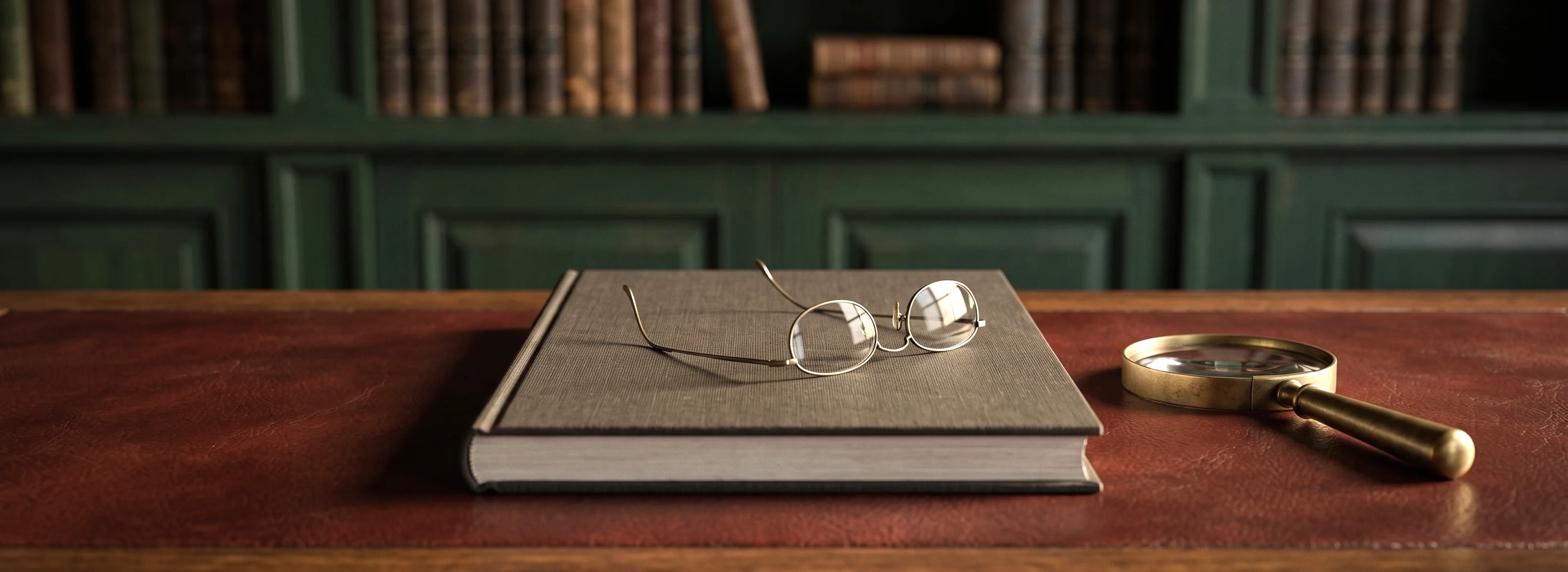 A bound report with a plain cloth cover on a leather-topped desk, a pair of reading glasses resting on it and a brass magnifying glass beside it, library shelves behind