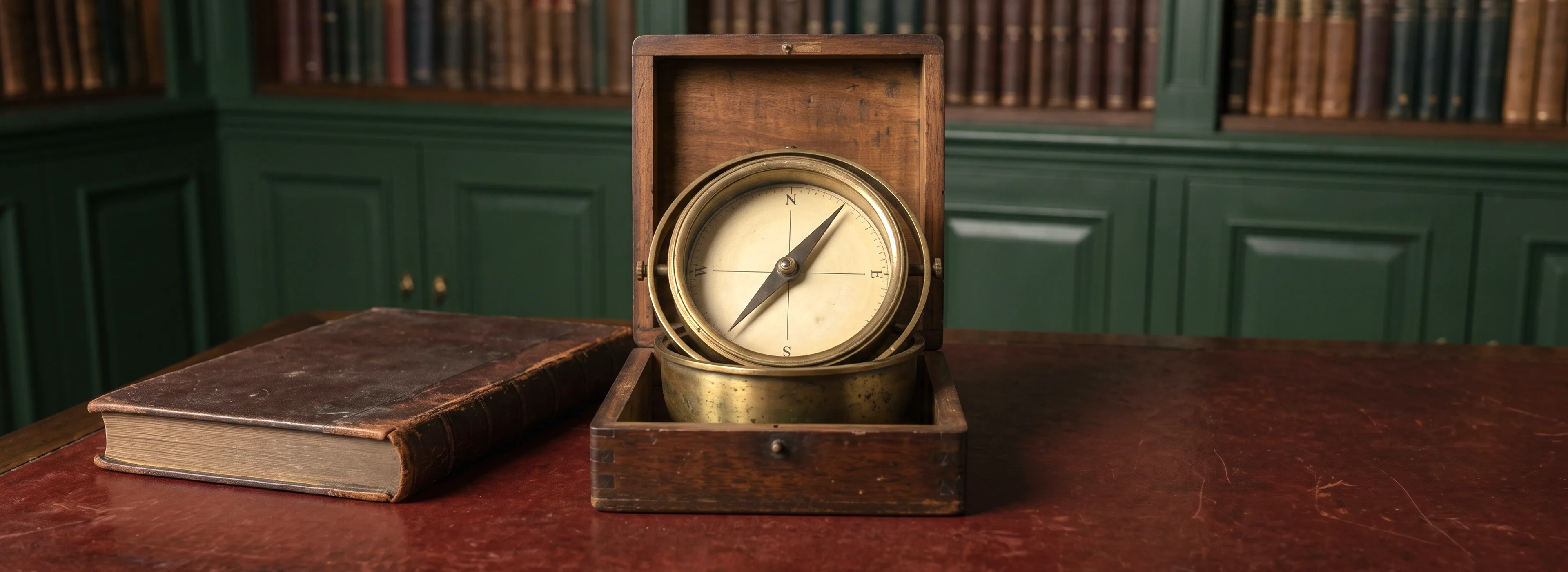 An antique brass compass in an open wooden case on a leather-topped desk, a worn leather-bound book beside it, library shelves behind