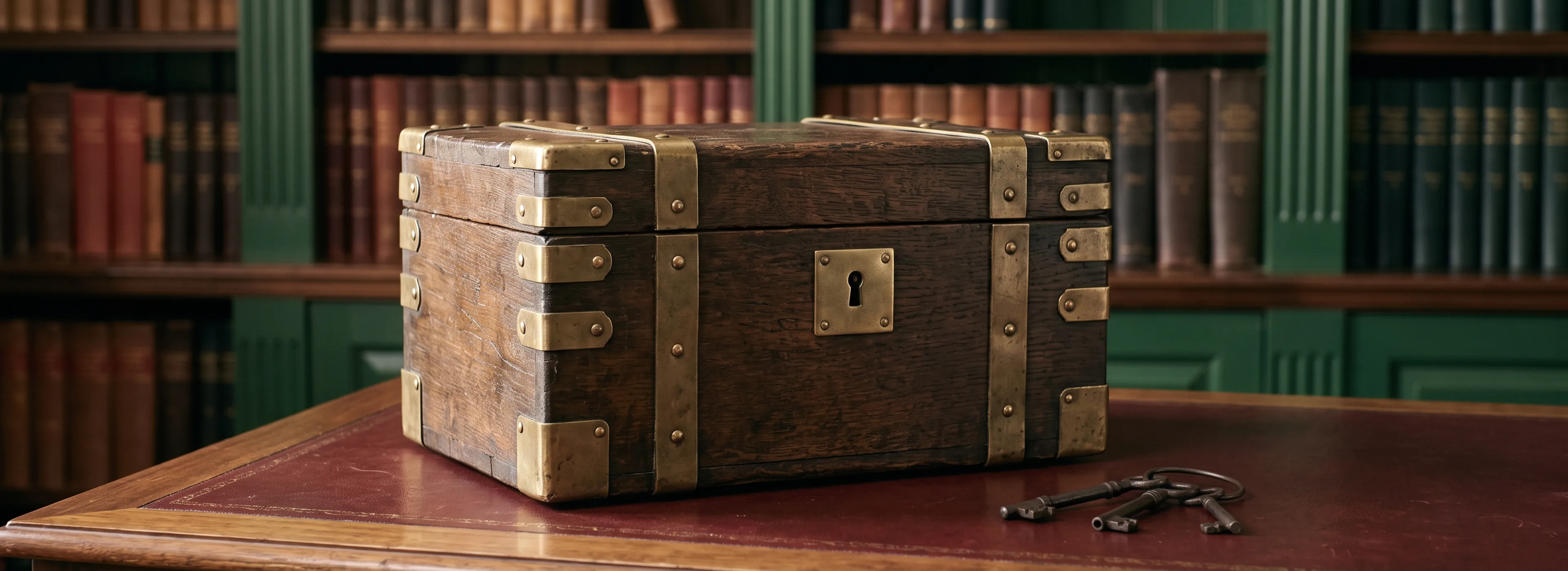 An antique oak strongbox bound in brass, lid closed, on a leather-topped desk in a library, a ring of old iron keys beside it